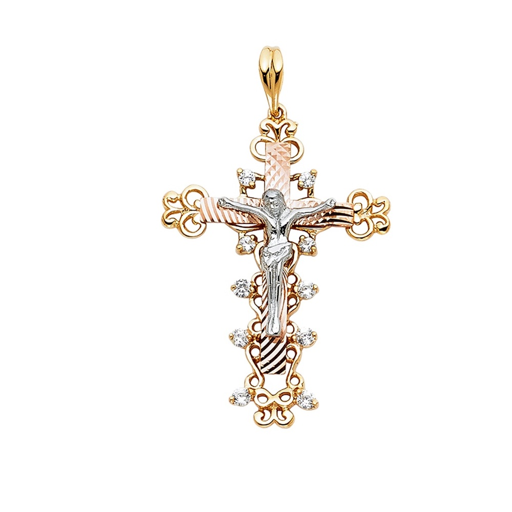 14K Tri Color Religious Crucifix Pendant